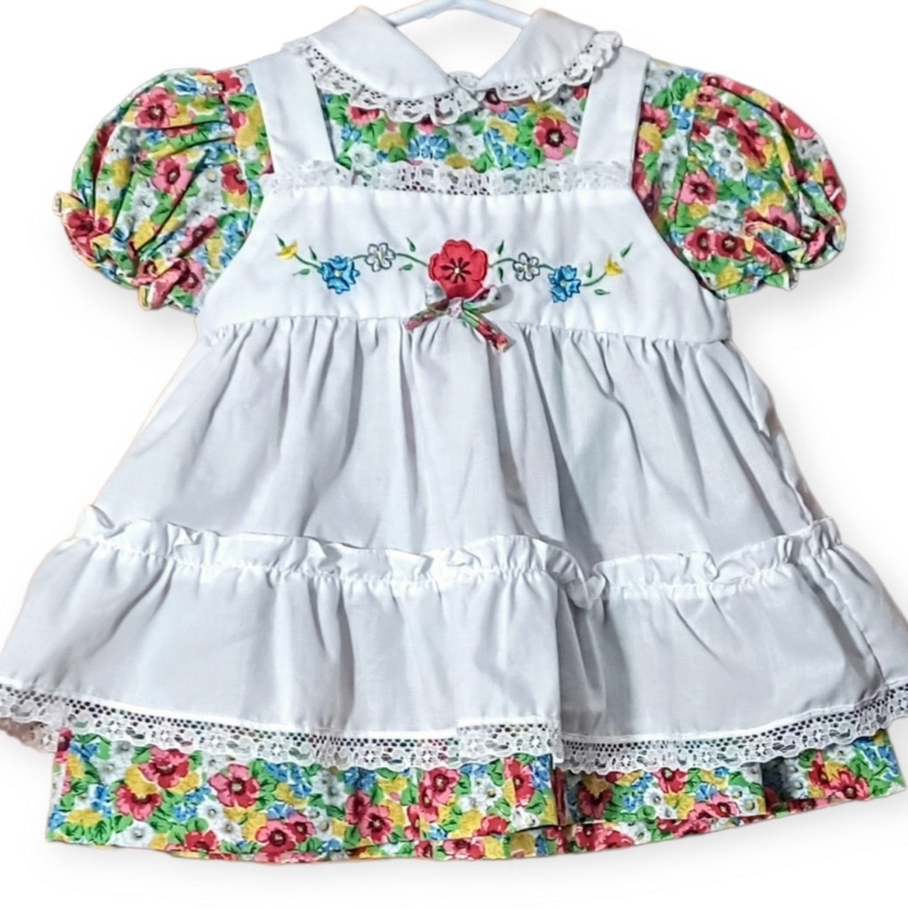 Cradle Togs Vintage '90s Two-piece Embroidered Floral Infant Apron Dress